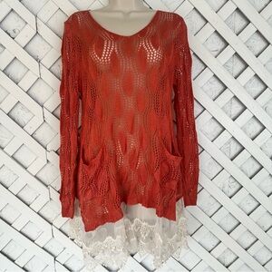 Ryu Coral Open Knit Crochet Lace Long Sleeve Tunic Top Coverup Boho Festival M/L